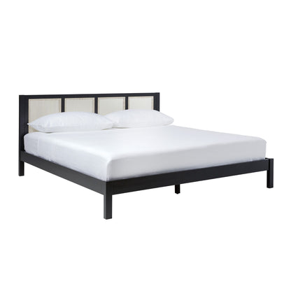 King Bed With Rattan Panel Headboard - Black
