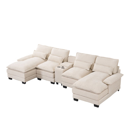 U Shaped Sofa With Console, Cupholders, USB Ports, 6 Seat, Bronzing Suede & Chenille