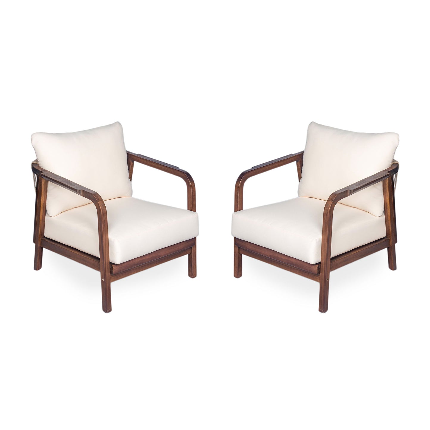 Outdoor Lounge Chair With Woven Backrest, Solid Wood Frame, Comfortable Cushions