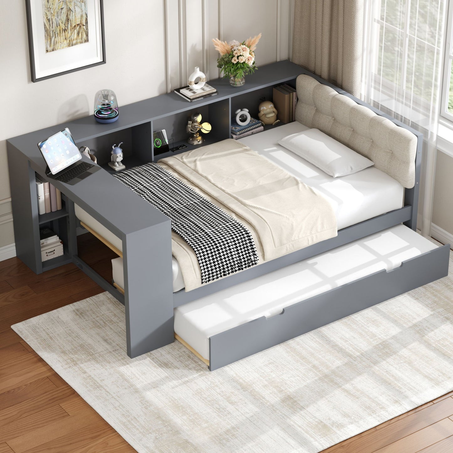 Upholstered Headboard Platform Bed With Storage Shelves, Trundle, Charging Station