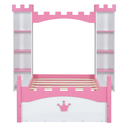 Castle Shaped Bed With Storage Shelf, Dreamy Platform Bed For Kids Bedroom