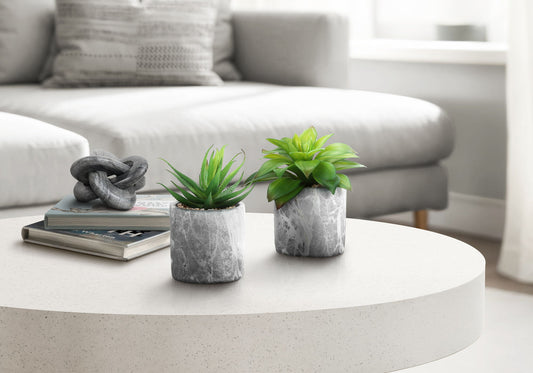 6" Tall, Artificial Plant, Succulent, Indoor, Faux, Fake, Table, Greenery, Potted, Decorative (Set of 2) - Green / Gray