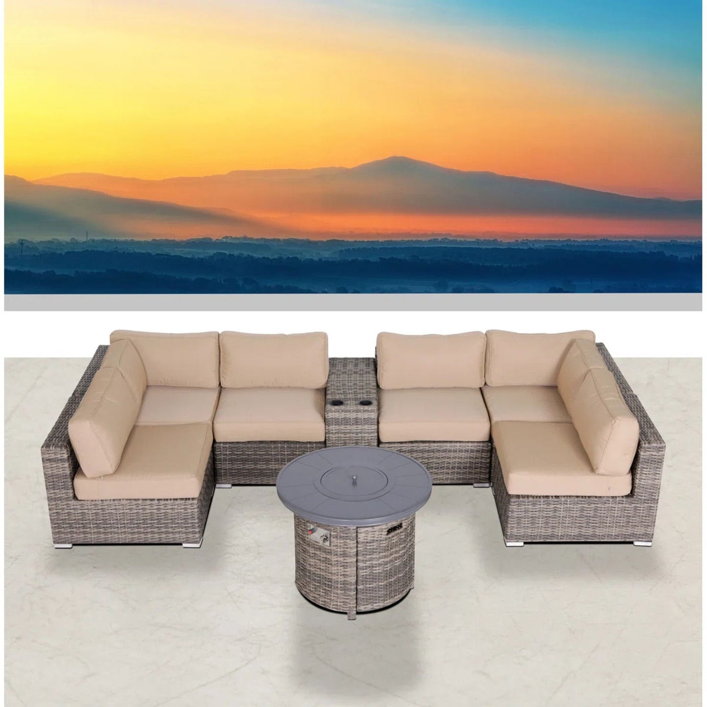 Wicker Outdoor Lounge Set With Cushions And Fire Pit