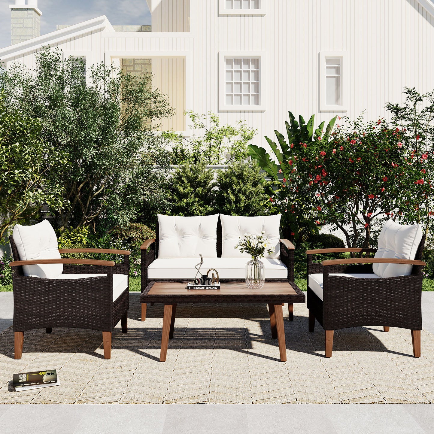4 Piece Garden Furniture, Patio Seating Set, Outdoor Sofa Set, Wood Table And Legs - Brown / Beige