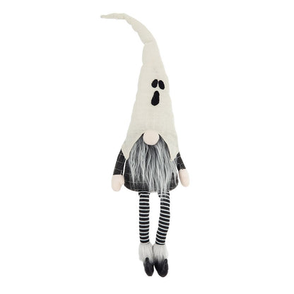 Sitting Gnome With Ghost Hat, For Halloween Decor - Black White