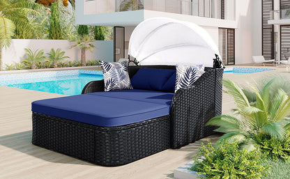 Outdoor Sunbed With Adjustable Canopy, Double Lounge, Daybed - Black / Blue