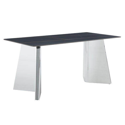 Modern Marble Patterned Dining Table With Stainless Steel Butterfly Legs, Scratch And Heat Resistant - Black / Silver