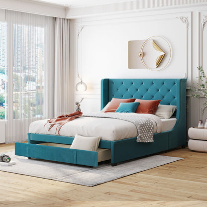 Queen Size Storage Upholstered Platform Bed With Wingback Headboard And A Big Drawer - Blue