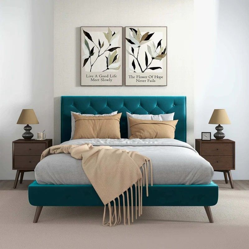 Dillon - Velvet Platform Bed - Blue