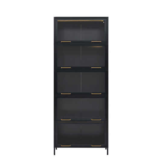 Modern Steel Display Cabinet With Glass Doors And LED Lights, 5 Tier Steel Barrister Bookcase For Home Or Office - Black