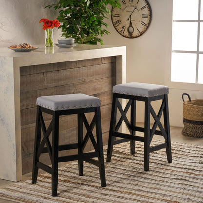 Greely Saddle Barstool Set With Fabric Upholstery - Light Gray