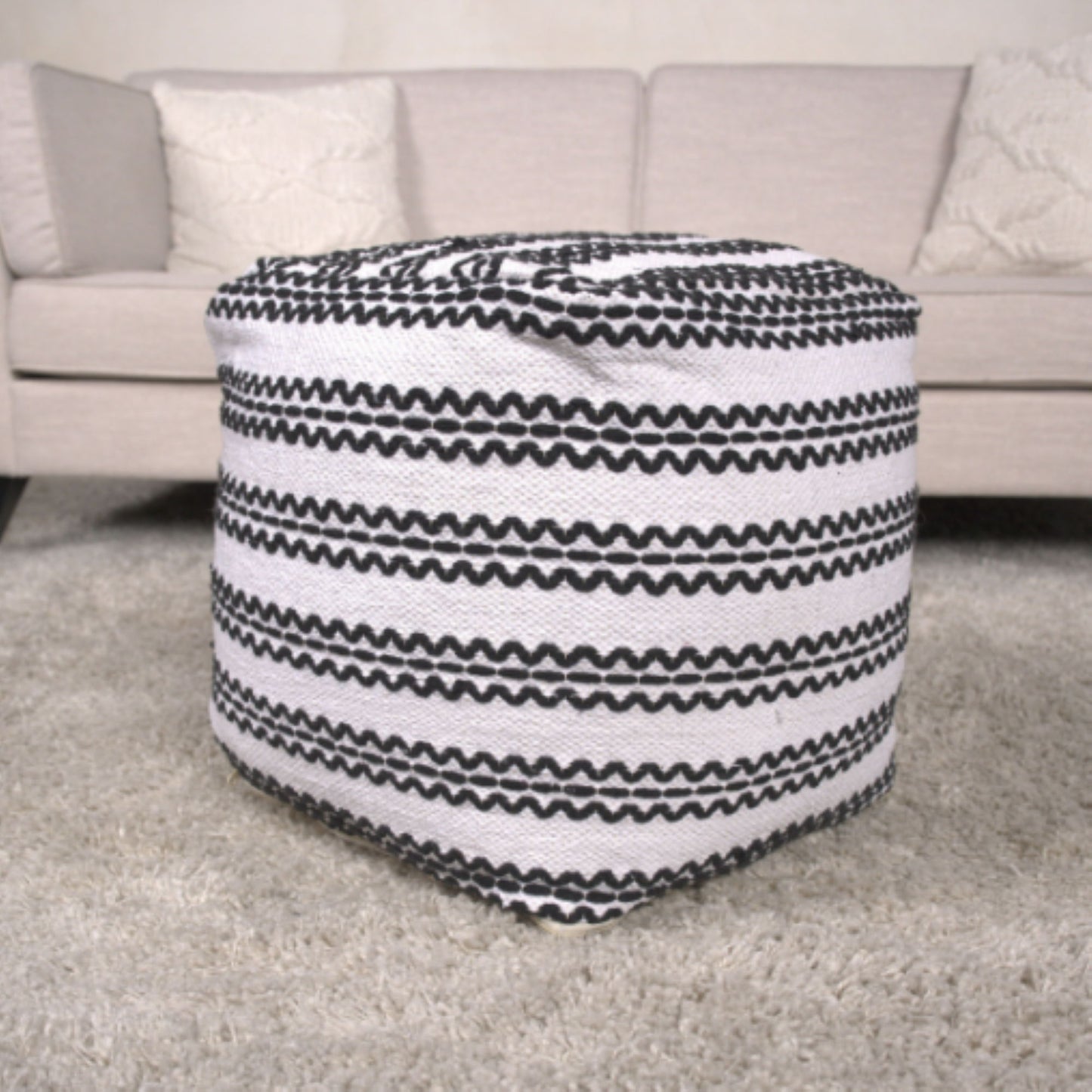 Lani - Handcrafted Fabric Pouf, Durable Cotton Square - Natural / Black