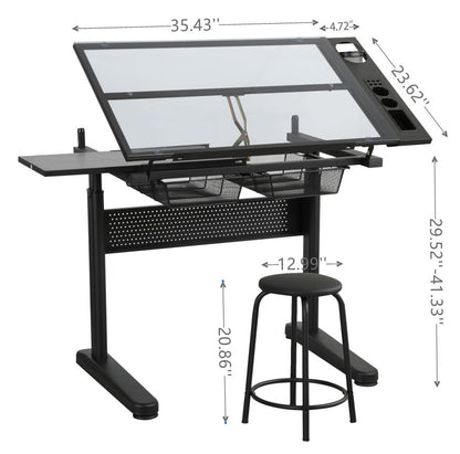 Hand Crank Adjustable Drafting Table Drawing Desk With 2 Metal Drawers With Stool