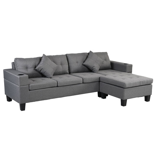 Sectional Sofa Set For Living Room With L Shape Chaise Lounge, Cup Holder And Left Or Right Hand Chaise Modern 4 Seat - Gray