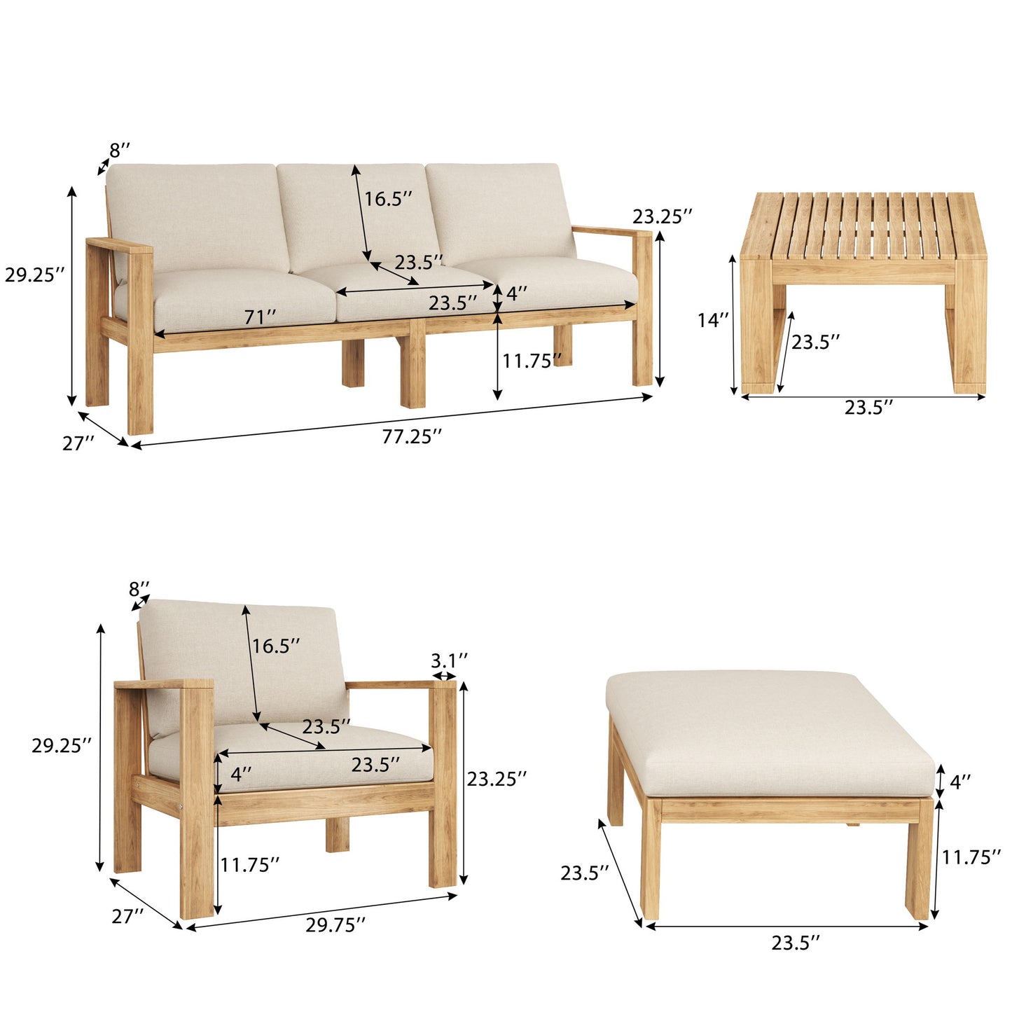 Outdoor 4 Pieces Acacia Sectional Patio Sofa Set - Light Gray / Teak
