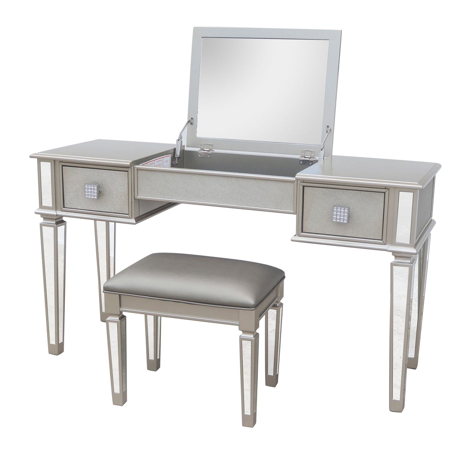 Mirrored Vanity Desk With Drawers And Stool, Flip Up Dressing Table Set For Makeup Room