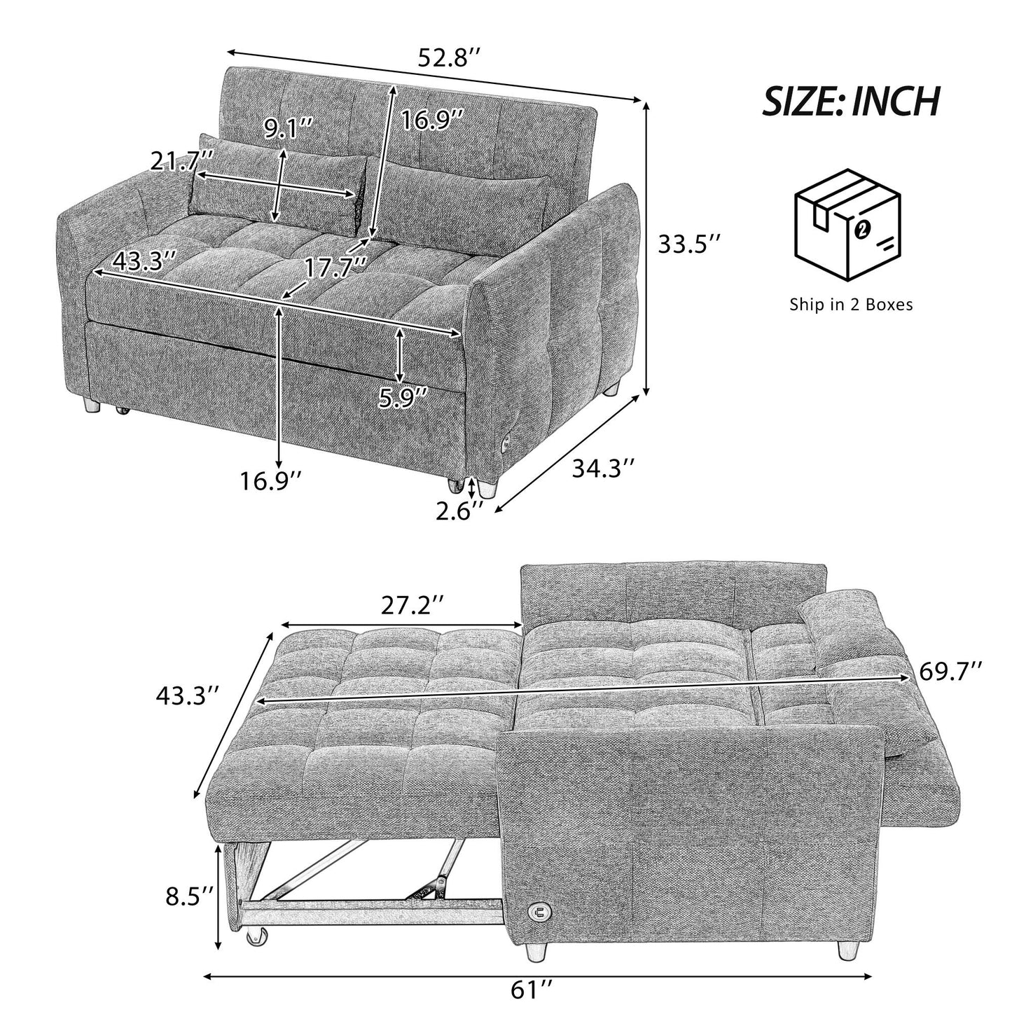 Loveseat Sofa Pull-Out Bed With Adjustable Backrest, 3 USB Ports And 2 Lumbar Pillows For Living Room