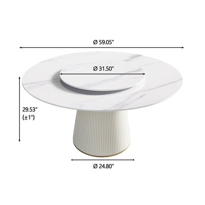Modern Artificial Stone Round Plywood Base Dining Table, Can Accommodate 8 People, Artificial Stone Turntable (Not Including Chairs) - White / Beige