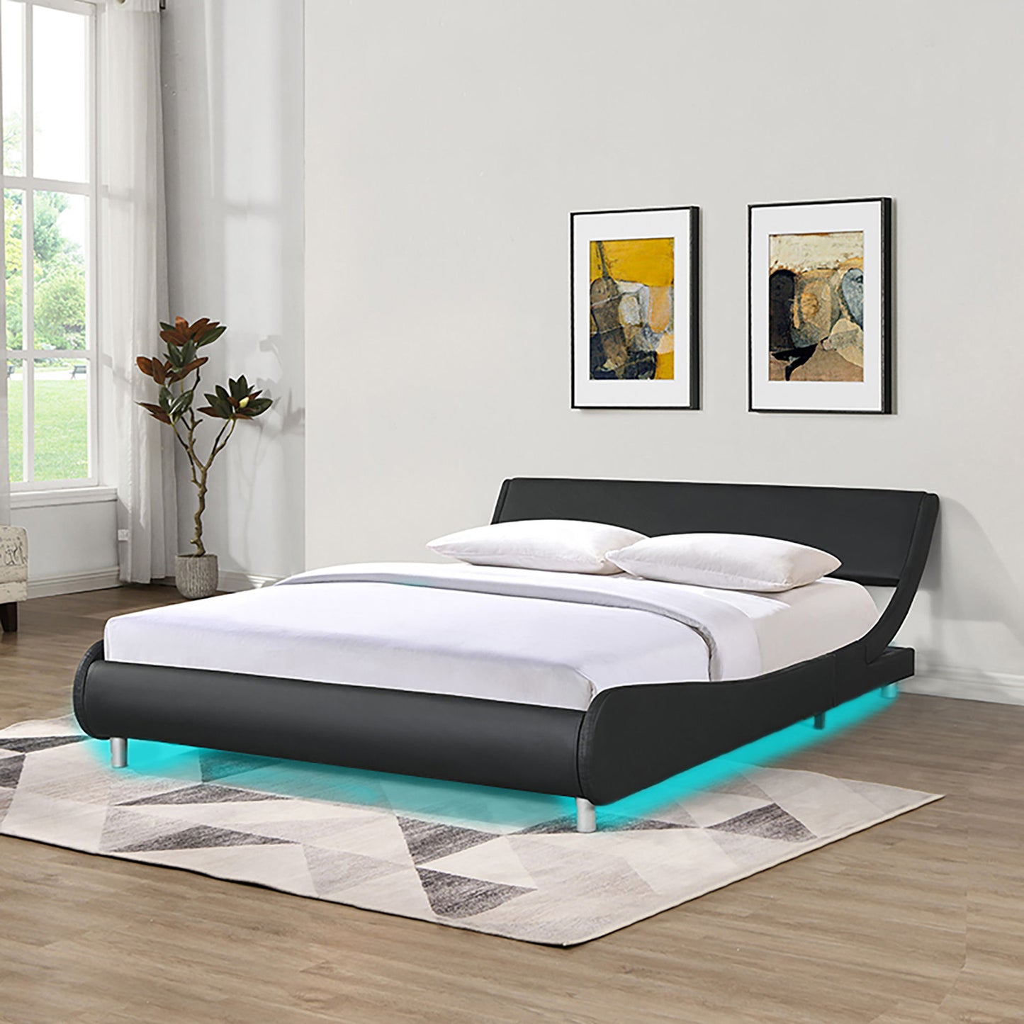 Queen Size Upholstered Platform Bed Frame With LED Lighting, Curve Design, Slat Support, No Box Spring Needed - Black