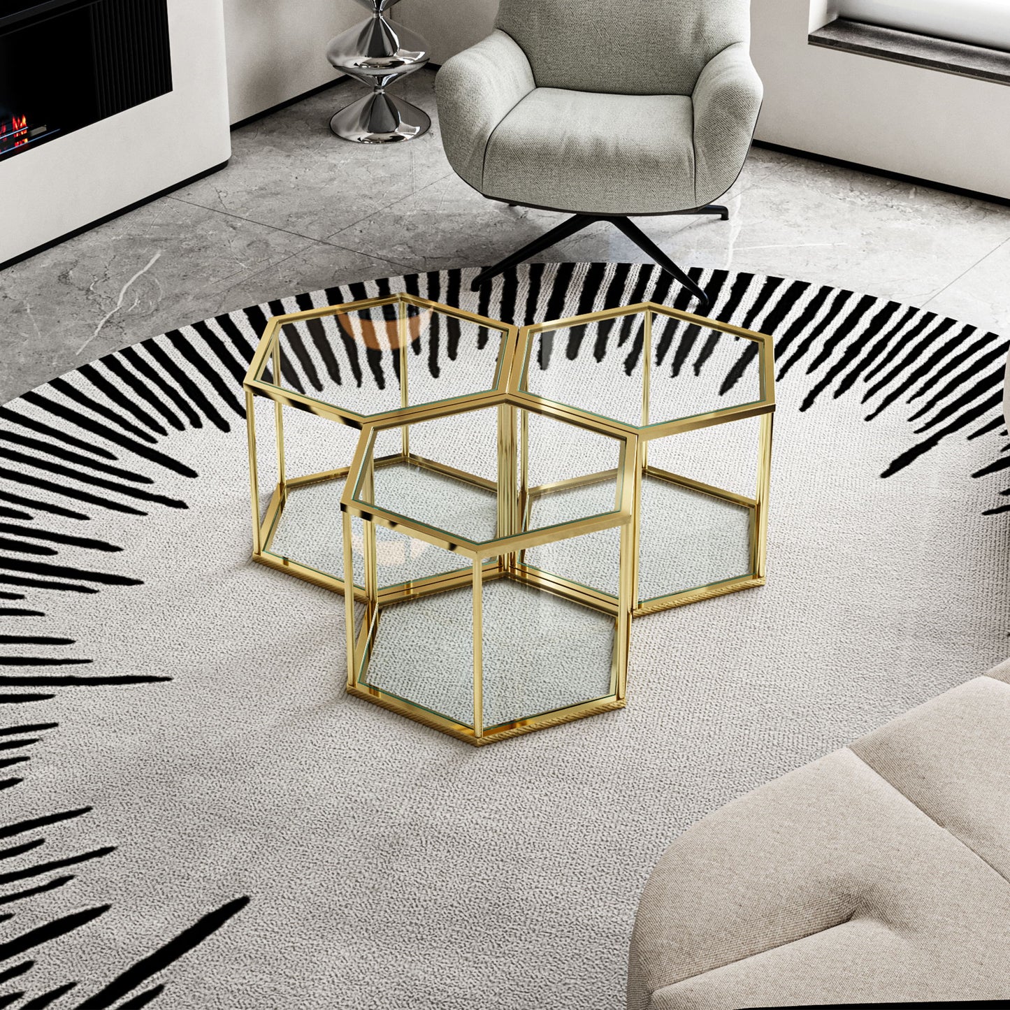 Modern Coffee Table With Double Layer Tempered Glass And Polygonal Design