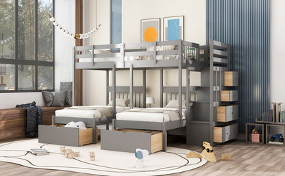 Multifunctional Triple Bunk Bed With Drawers And Guardrails