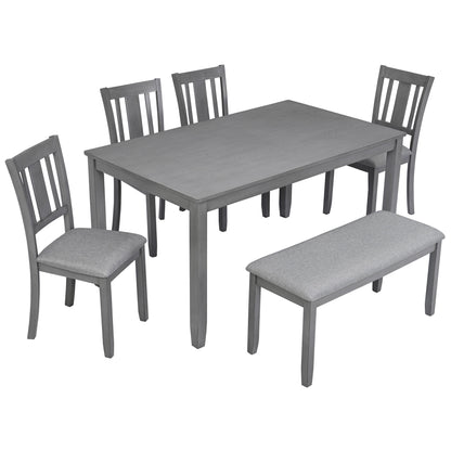 6 Pieces Kitchen Dining Set, Rectangular Wooden Dining Table With 4 Upholstered Chairs And A Bench