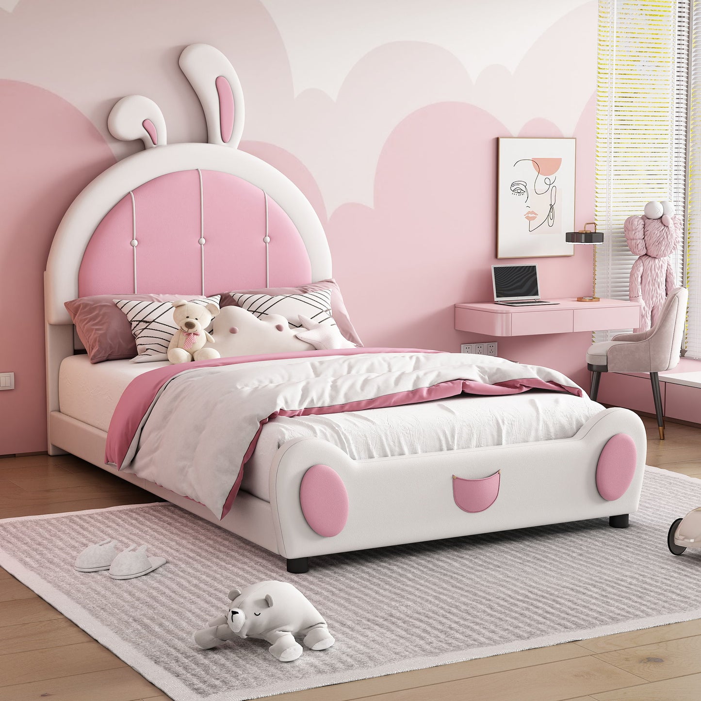 Twin Size Upholstered Platform Bed With Rabbit Shaped Headboard - White / Pink