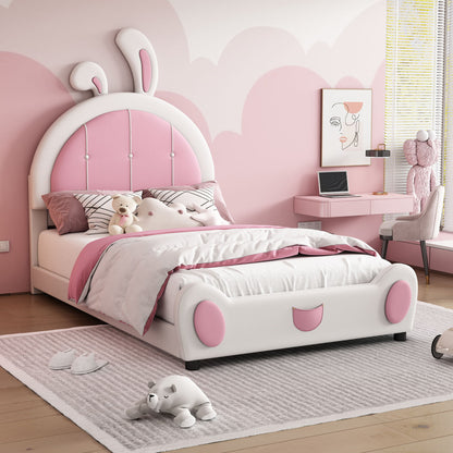 Twin Size Upholstered Platform Bed With Rabbit Shaped Headboard - White / Pink