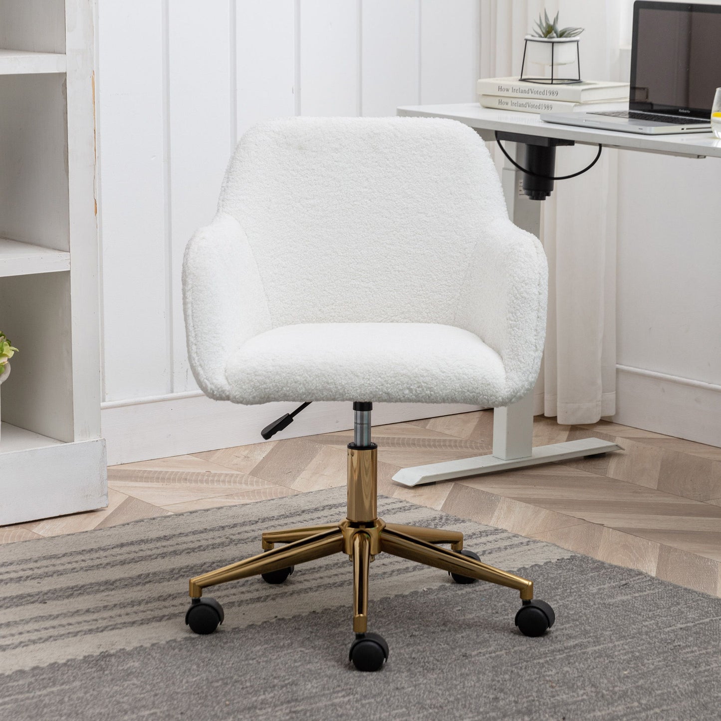 Modern Teddy Fabric Material Adjustable Height 360 Revolving Home Office Chair With Gold Metal Legs And Universal Wheel For Indoor - White