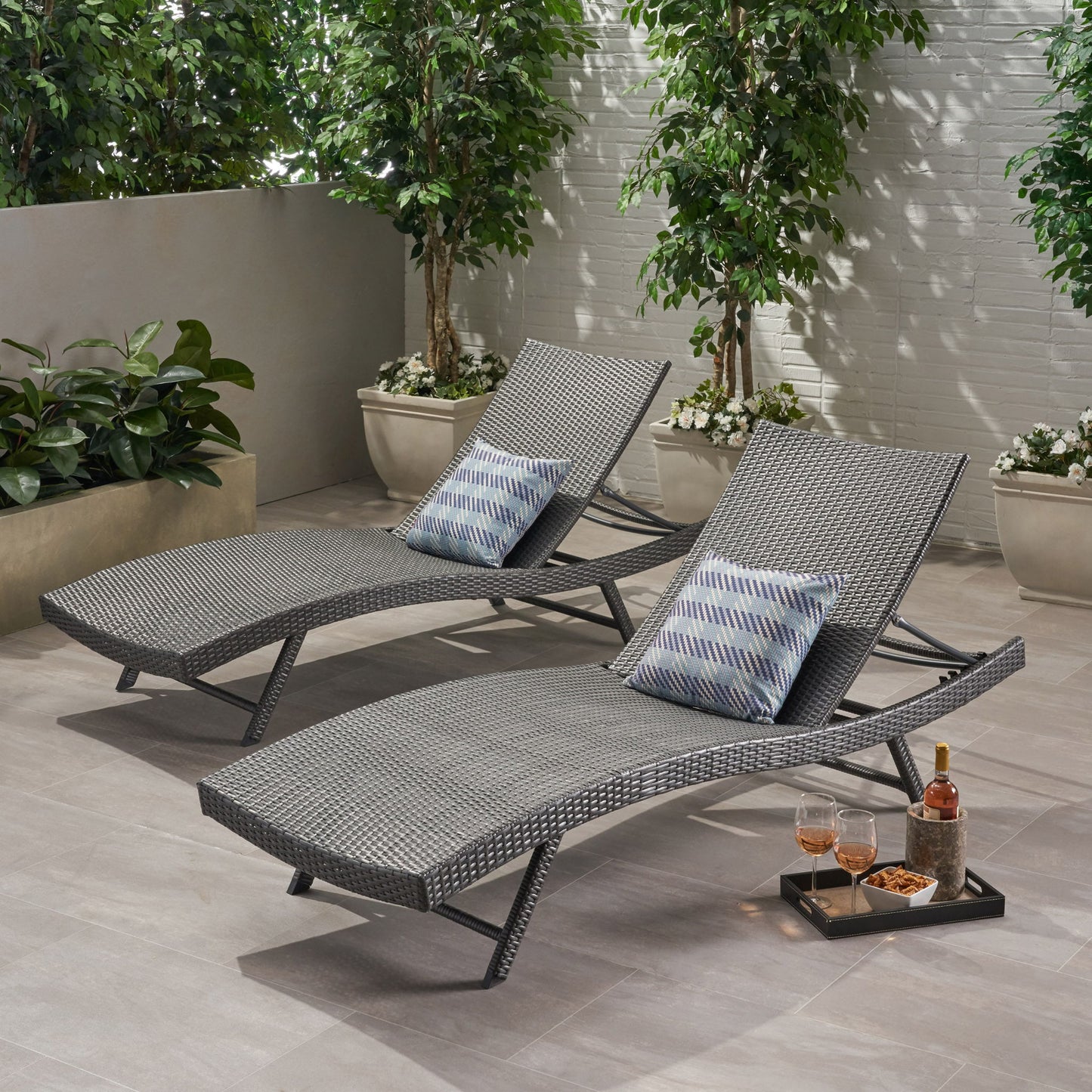 Wicker Chaise With Adjustable Reclining Seats (Set of 2) - Gray