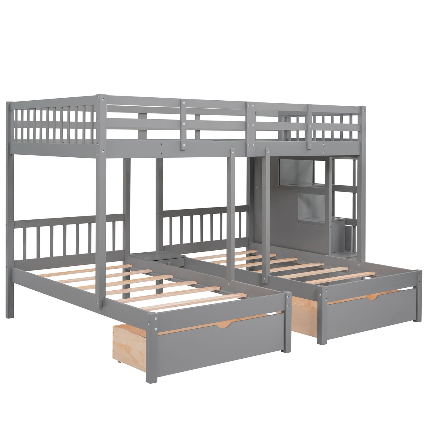 Multifunctional Triple Bunk Bed With Drawers And Guardrails