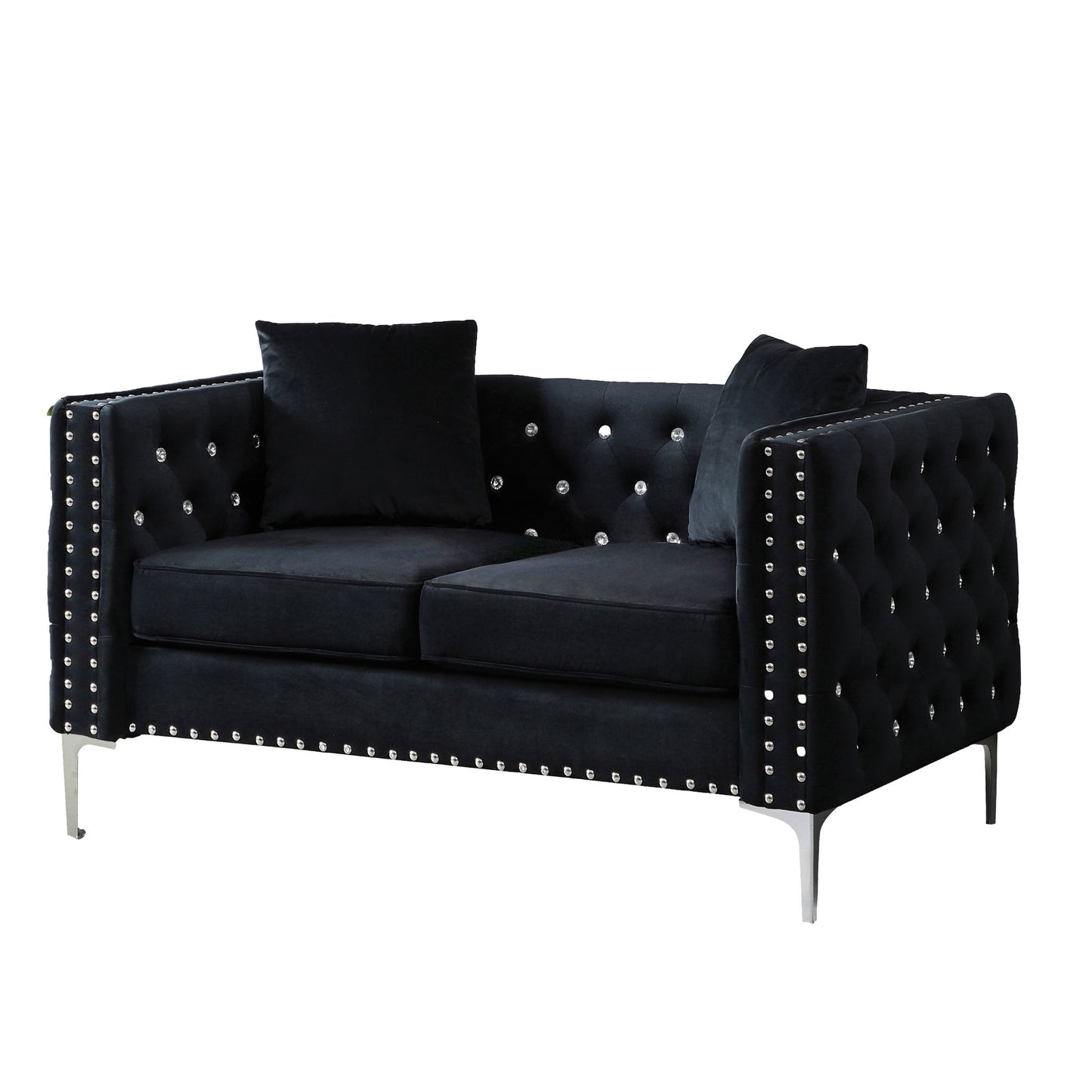 Wide Sofa With Jeweled Buttons Square Arm, 2 Pillows - Black