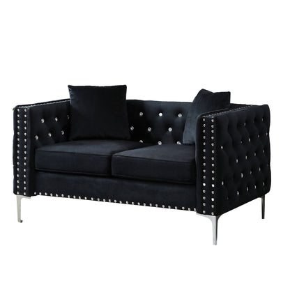 Wide Sofa With Jeweled Buttons Square Arm, 2 Pillows - Black