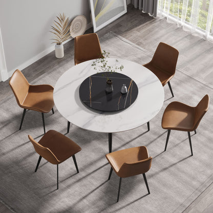 59.05" Modern Artificial Stone Round Metal Dining Table, Can Accommodate 6 People, Artificial Stone Turntable - Black / White
