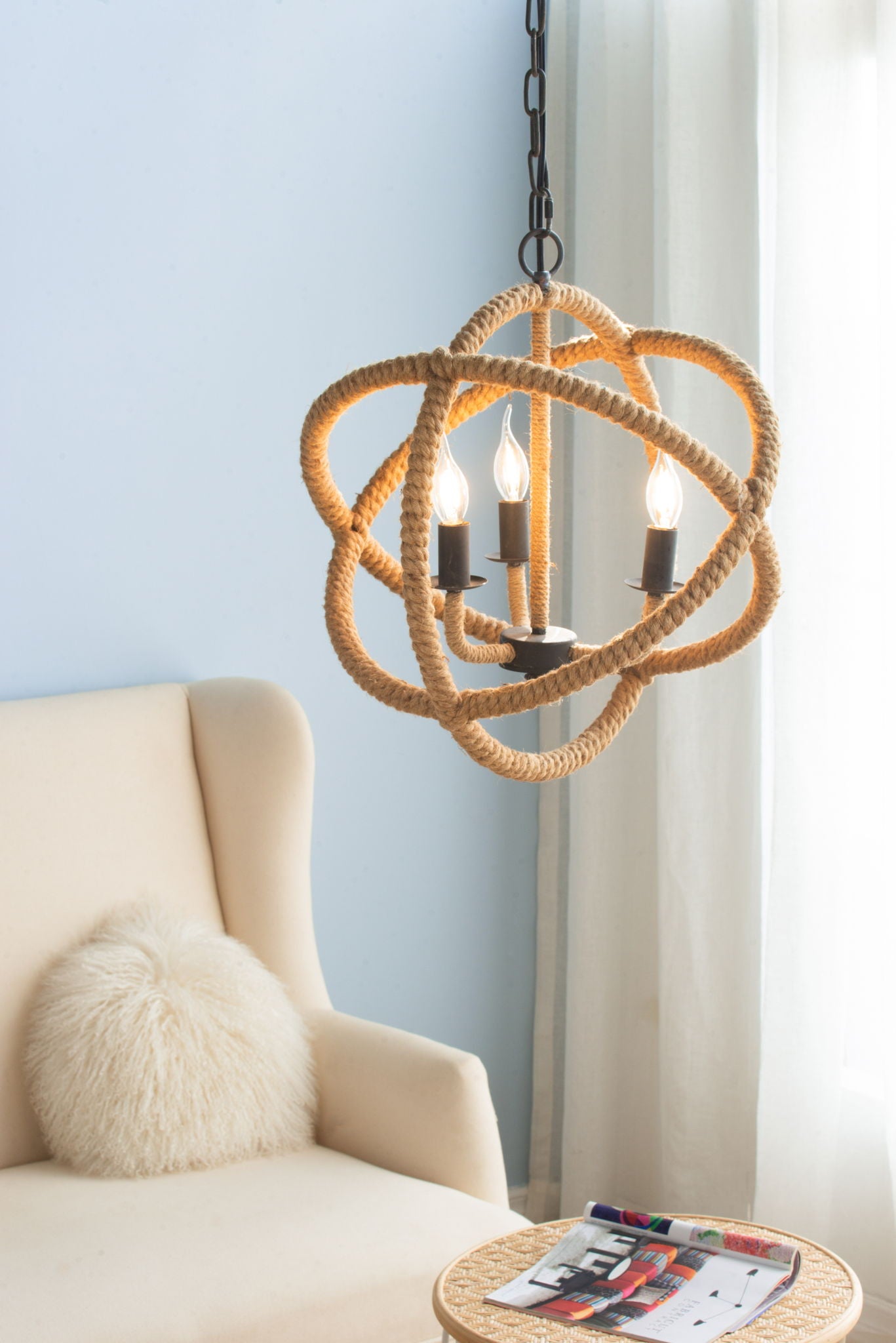3 Light Farmhouse Chandelier, Rope Chandelier Globe Hanging Light Fixture With With Adjustable Chain For Kitchen, Bulb Not Included - Beige Brown