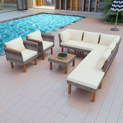 9 Piece Patio Rattan Furniture Set, Outdoor Conversation Set With Acacia Wood Legs And Tabletop, PE Rattan Sectional Sofa Set With Coffee Table, Washable Cushion - Beige