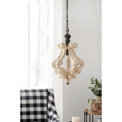 Farmhouse Chandeliar Distressed Pendant French Country Wood Chandelier For Living Room Foyer, Bulb Not Included - Antique Cream