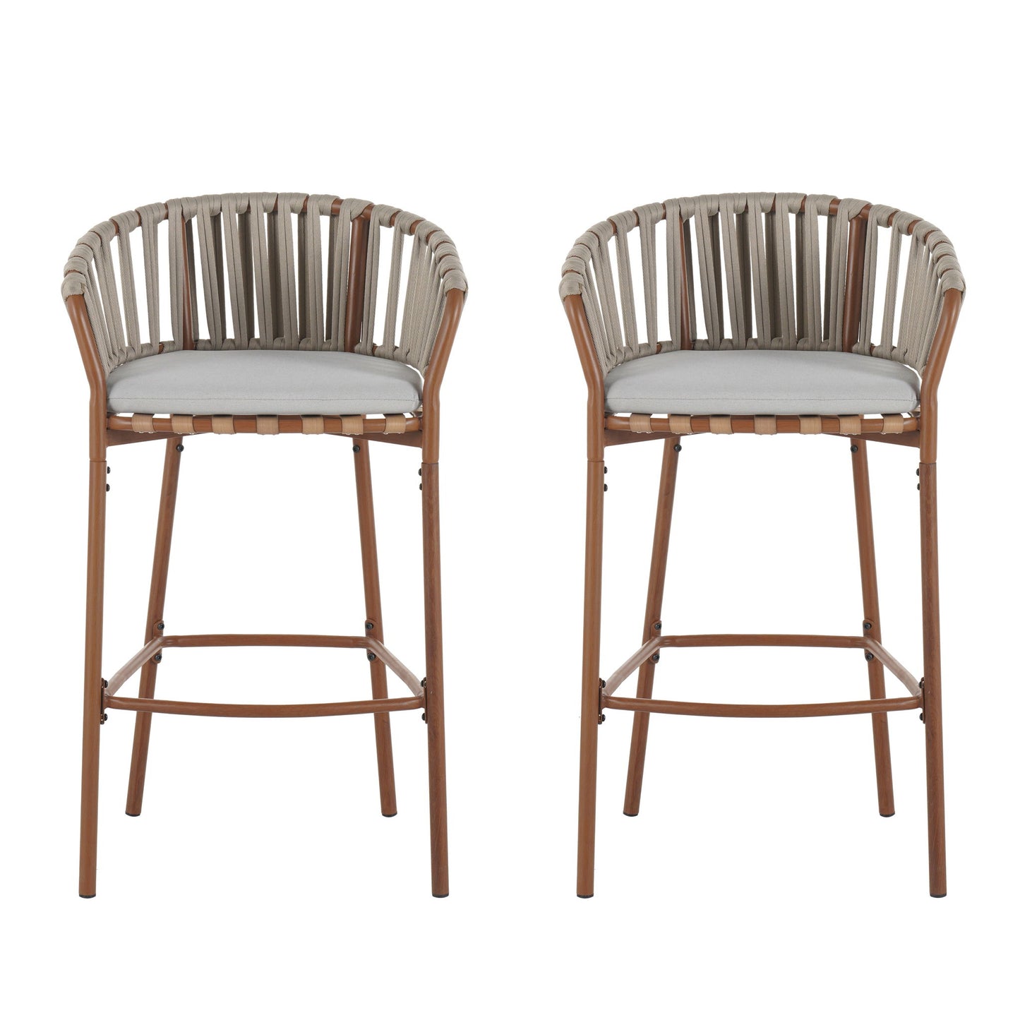 Lodi - Outdoor Matal Rope Barstool, Teak / Beige (Set of 2) - Teak / Beige