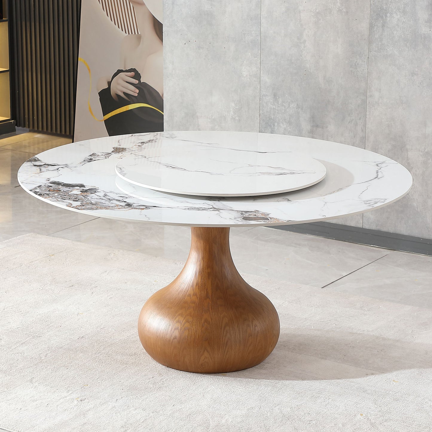 Round Dining Table 53" With Lazy Susan - Walnut / White