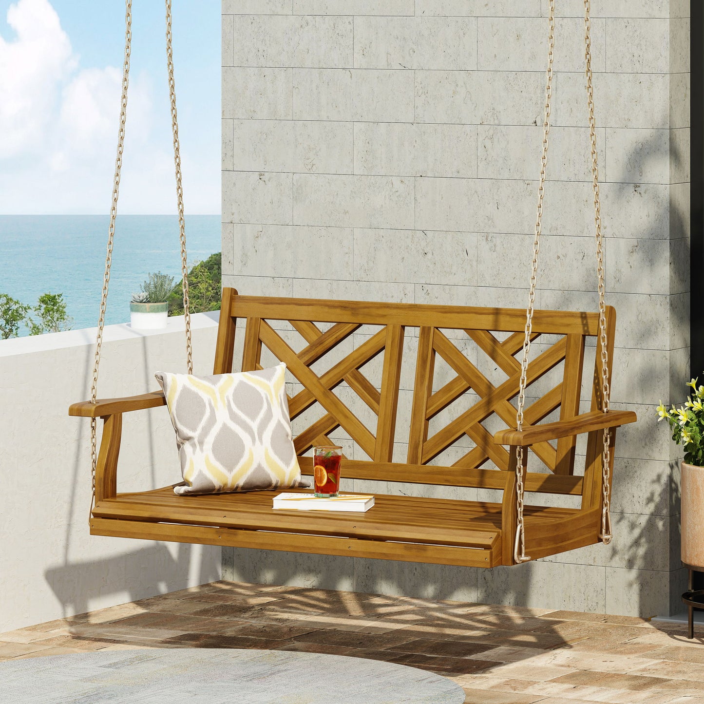 Alejandro - Acacia Wood Porch Swing With Slat Panel Seating