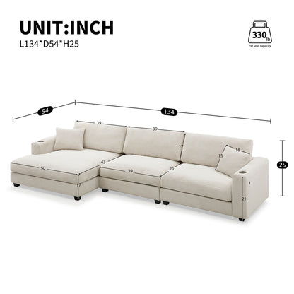 Oversized Sectional L Shaped Cloud Couch With USB Charging Port Cup Holder Deep And Wide Seat Sofa With Chaise Comfy