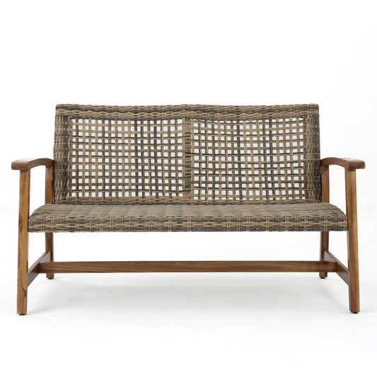 Outdoor Rattan Loveseat With Wooden Legs - Brown