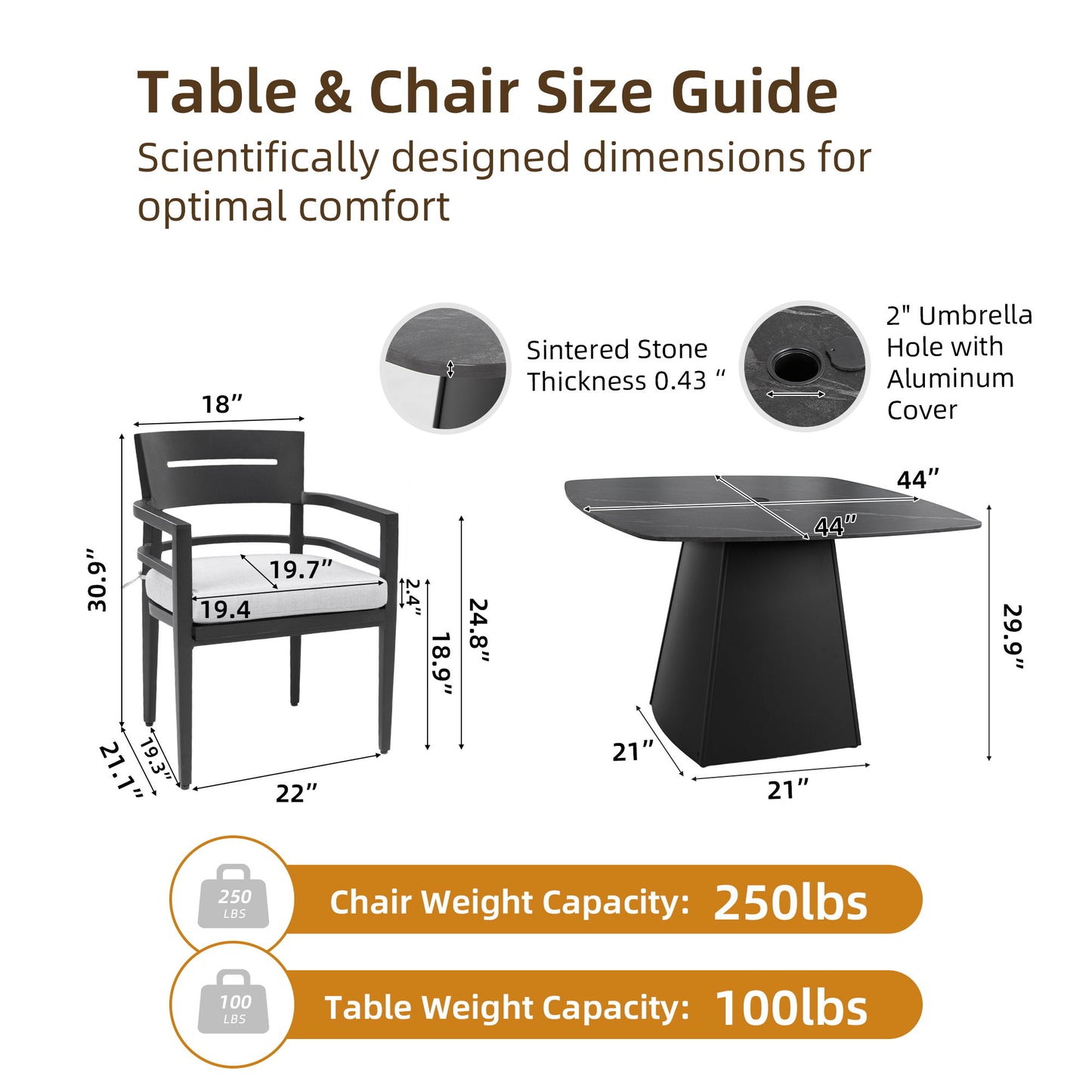 Outdoor Patio Dining Set, Squircle Dining Table, Dining Chairs With Sunbrella Cushions