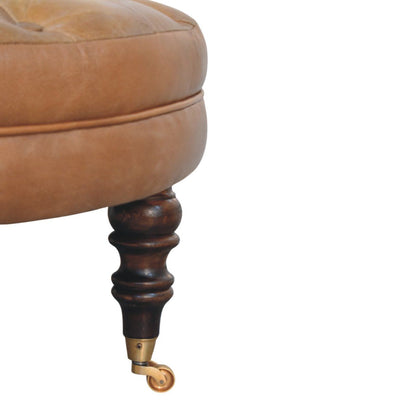 Buffalo - Leather Round Ottoman With Castor Legs - Brown
