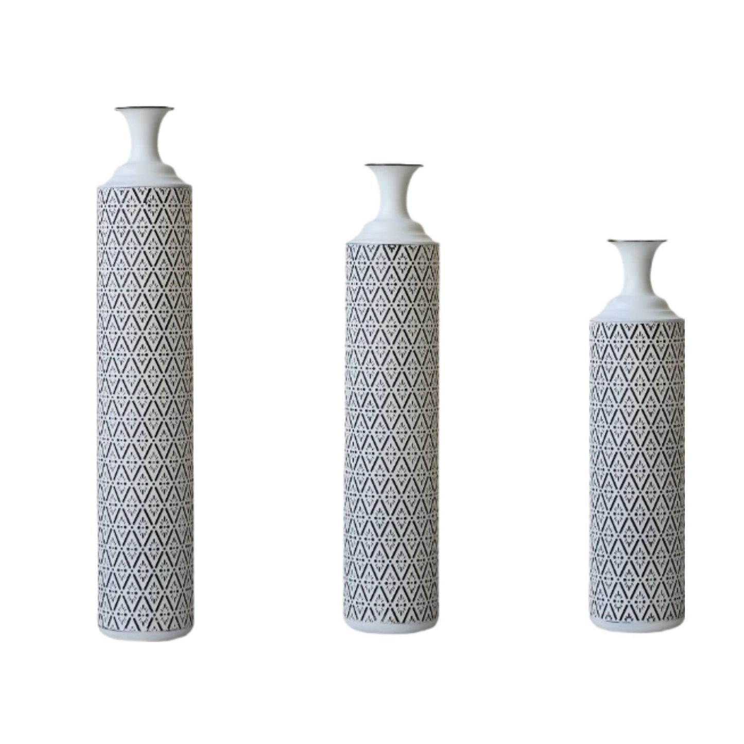 Modern Floor Vase Set Metal Vases With Geometric Pattern, 3 Piece Home Decor Set - White / Black