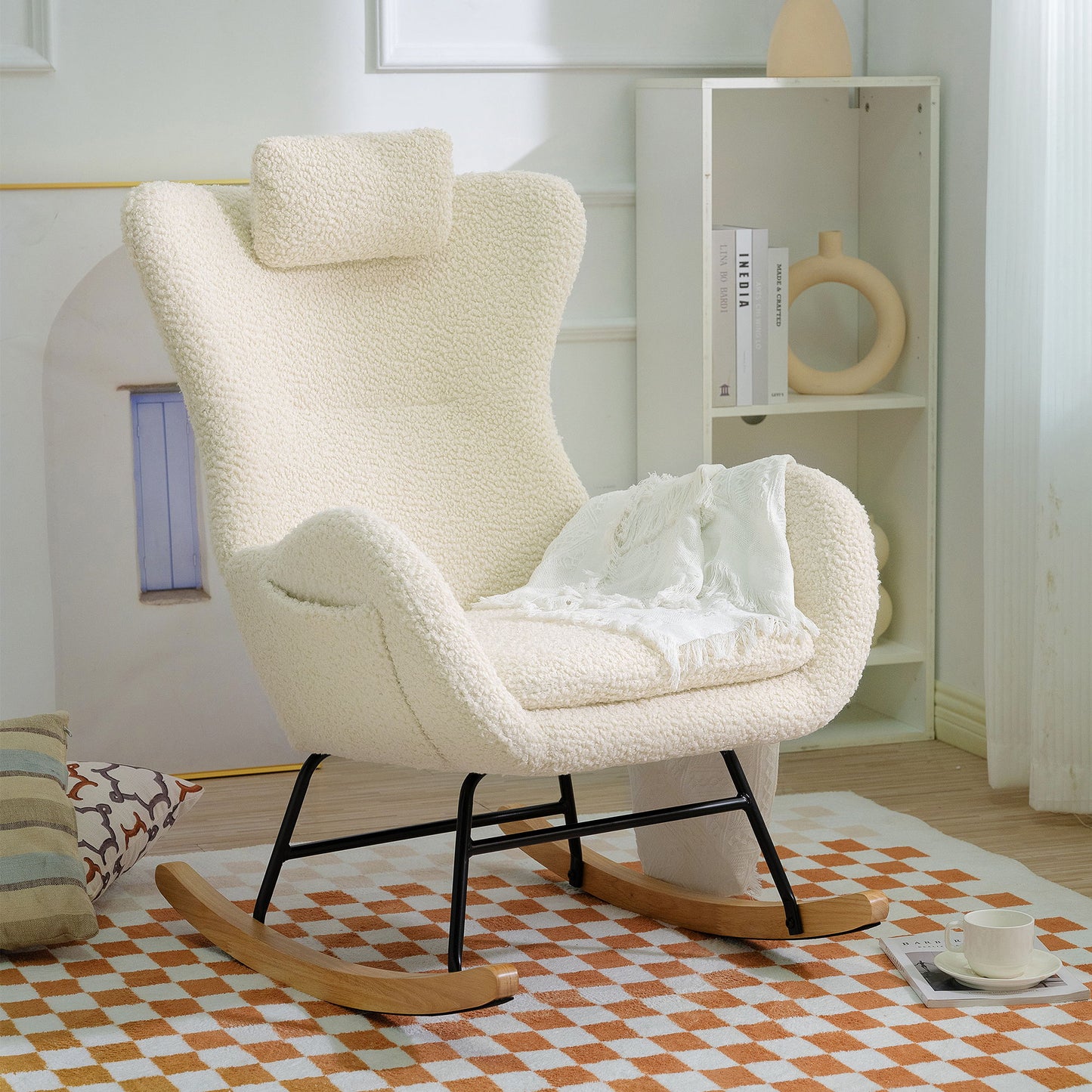 Rocking Chair Nursery, Teddy Upholstered Rocker Glider Chair With High Backrest, Adjustable Headrest & Pocket, Comfy Glider Chair For Nursery, Bedroom, Living Room, Offices, Rubber Wood - Beige