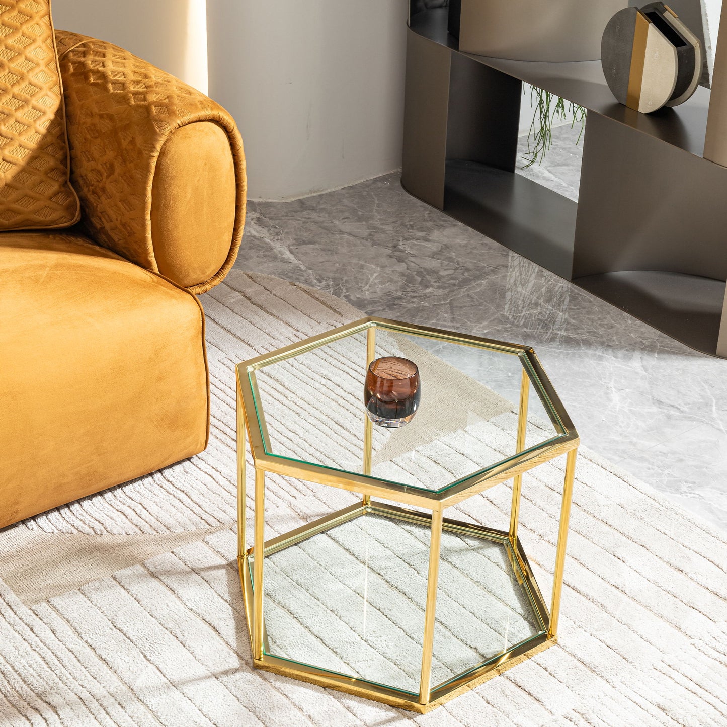 Modern Coffee Table With Double Layer Tempered Glass And Polygonal Design