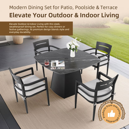 Outdoor Patio Dining Set, Squircle Dining Table, Dining Chairs With Sunbrella Cushions