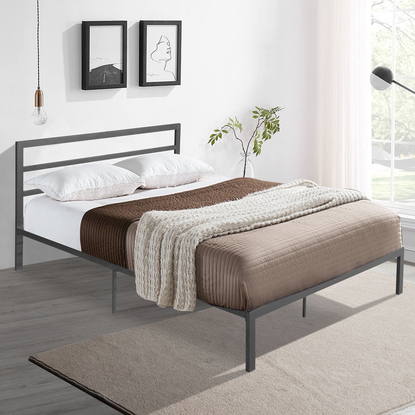 Queen Metal Bed Frame With Headboard - Charcoal Gray
