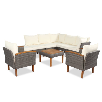 9 Piece Patio Rattan Furniture Set, Outdoor Conversation Set With Acacia Wood Legs And Tabletop, PE Rattan Sectional Sofa Set With Coffee Table, Washable Cushion - Beige